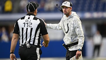 Nov 10, 2024; Indianapolis, Indiana, USA; Indianapolis Colts Indianapolis Colts head coach Shane Steichen talks with a referee during the second half against the Buffalo Bills at Lucas Oil Stadium. 