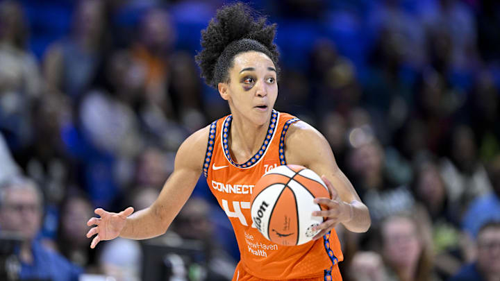 Connecticut Sun guard Leila Lacan (47) brings the ball up court against the Dallas Wings during the second half at College Park Center. 