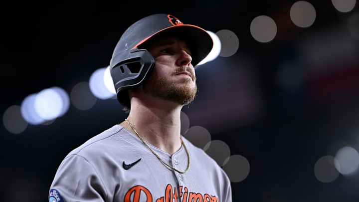 Jul 2, 2025; Arlington, Texas, USA; Baltimore Orioles first baseman Ryan O'Hearn (32) walks to the on deck circle during the game between the Texas Rangers and the Baltimore Orioles at Globe Life Field.