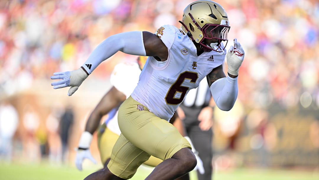 Nov 16, 2024; Dallas, Texas, USA; Boston College Eagles defensive end Donovan Ezeiruaku (6) rushes against the SMU Mustangs offense during the first half at the Gerald J. Ford Stadium. Mandatory Credit: Jerome Miron-Imagn Images