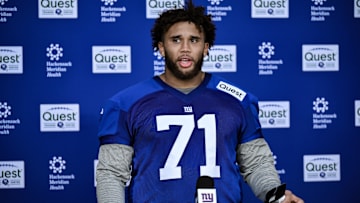 May 10, 2025; East Rutherford, NJ, USA; New York Giants offensive lineman Marcus Mbow (71) speaks during a press conference after rookie minicamp at Quest Diagnostics Training Center. Mandatory Credit: John Jones-Imagn Images