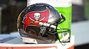 Tampa Bay Buccaneers helmet before a game against the Pittsburgh Steelers at Acrisure Stadium.