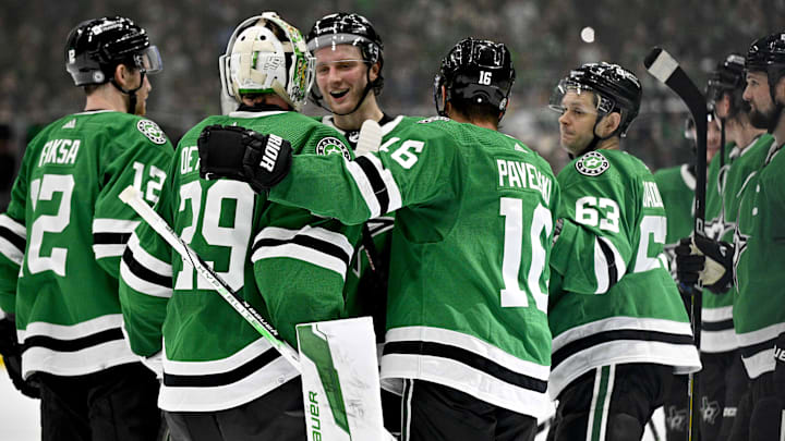 Apr 17, 2024; Dallas, Texas, USA; Dallas Stars goaltender Jake Oettinger (29) and center Joe Pavelski (16) and right wing Evgenii Dadonov (63) and center Radek Faksa (12) celebrates after the Stars defeat the St. Louis Blues during the overtime shootout at the American Airlines Center. Mandatory Credit: Jerome Miron-Imagn Images