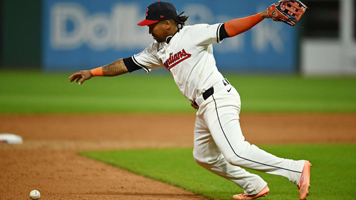 Sep 14, 2024; Cleveland, Ohio, USA; Cleveland Guardians third baseman Jose Ramirez (11) makes an error on a hit by Tampa Bay Rays catcher Logan Driscoll (not pictured) during the eighth inning at Progressive Field. Mandatory Credit: Ken Blaze-Imagn Images