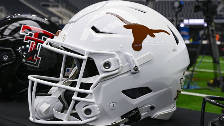 Jul 12, 2023; Arlington, TX, USA; A view of the Texas Longhorns helmet and logo during Big 12 football media day at AT&T Stadium.