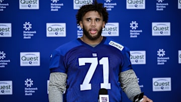 May 10, 2025; East Rutherford, NJ, USA; New York Giants offensive lineman Marcus Mbow (71) speaks during a press conference after rookie minicamp at Quest Diagnostics Training Center.  