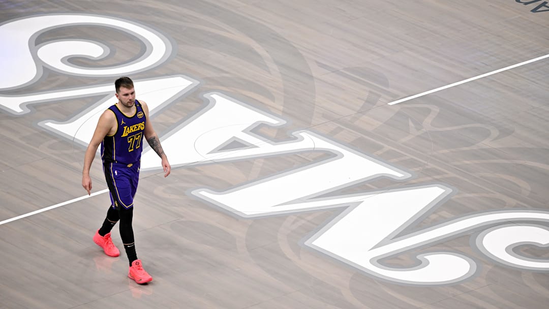 Apr 9, 2025; Dallas, Texas, USA; Los Angeles Lakers guard Luka Doncic (77) during the game between the Dallas Mavericks and the Los Angeles Lakers at American Airlines Center. Mandatory Credit: Jerome Miron-Imagn Images