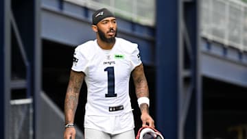Jun 9, 2025; Foxborough, MA, USA; New England Patriots wide receiver Ja'Lynn Polk (1) walks to the practice fields at Gillette Stadium. Mandatory Credit: Eric Canha-Imagn Images