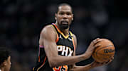 Mar 9, 2025; Dallas, Texas, USA; Phoenix Suns forward Kevin Durant (35) looks to pass the ball against the Dallas Mavericks during the first quarter at the American Airlines Center. Mandatory Credit: Jerome Miron-Imagn Images
