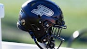 A detail view of a Purdue Boilermakers helmet