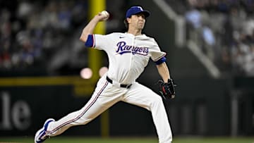 Sep 24, 2025; Arlington, Texas, USA; Texas Rangers starting pitcher Jacob deGrom (48) throws the ball during the third inning against the Minnesota Twins at Globe Life Field. Mandatory Credit: Jerome Miron-Imagn Images