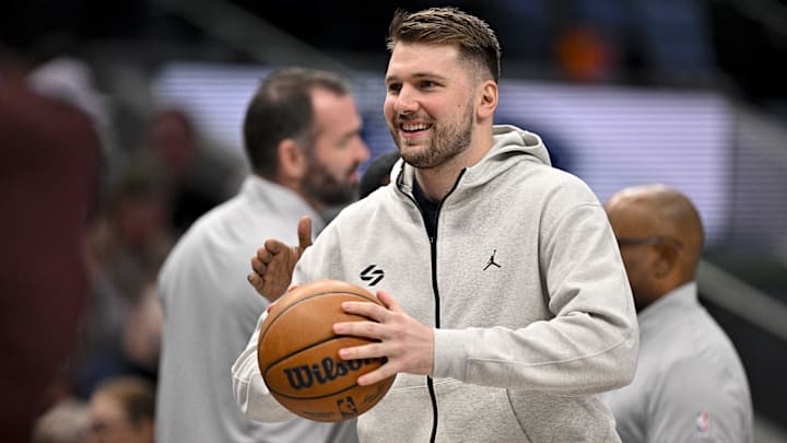 Jan 22, 2025; Dallas, Texas, USA; Dallas Mavericks guard Luka Doncic (77) looks on during a stoppage in play during the first half of the game between the Dallas Mavericks and the Minnesota Timberwolves at the American Airlines Center. Mandatory Credit: Jerome Miron-Imagn Images