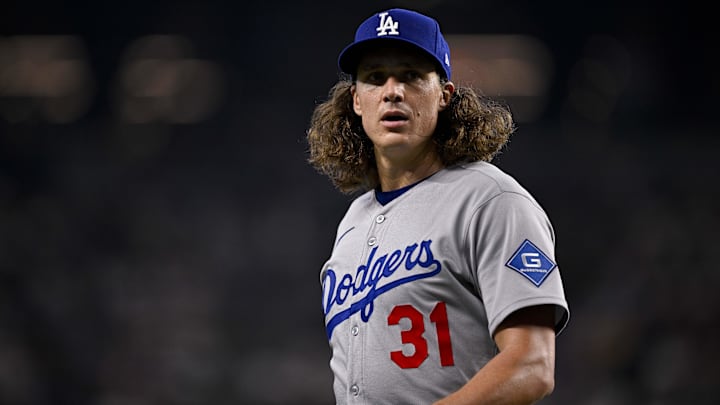 Apr 20, 2025; Arlington, Texas, USA; Los Angeles Dodgers starting pitcher Tyler Glasnow (31) comes off the field during the game between the Texas Rangers and the Los Angeles Dodgers at Globe Life Field. Mandatory Credit: Jerome Miron-Imagn Images