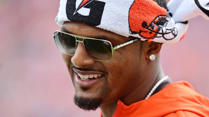 Aug 23, 2025; Cleveland, Ohio, USA; Cleveland Browns quarterback Deshaun Watson (4) on the sidelines during the first quarter against the Los Angeles Rams at Huntington Bank Field. Aug 23, 2025; Cleveland, Ohio, USA; Cleveland Browns quarterback Deshaun Watson (4) on the sidelines during the first quarter against the Los Angeles Rams at Huntington Bank Field.