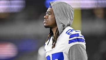 Aug 16, 2025; Arlington, Texas, USA; Dallas Cowboys cornerback Shavon Revel Jr. (27) looks on before the game against the Baltimore Ravens at AT&T Stadium.