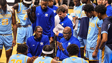 Nov 7, 2024; Iowa City, Iowa, USA; Southern University Jaguars head coach Kevin Johnson talks with his team during the first half against the Iowa Hawkeyes at Carver-Hawkeye Arena. Mandatory Credit: Jeffrey Becker-Imagn Images