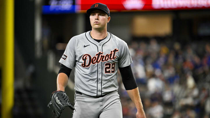 Jun 3, 2024; Arlington, Texas, USA; Detroit Tigers starting pitcher Tarik Skubal (29) comes off the field after he pitches against the Texas Rangers during the second inning at Globe Life Field.