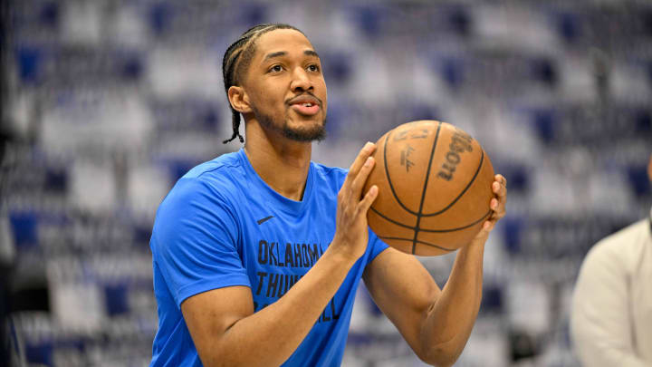 May 13, 2024; Dallas, Texas, USA; Oklahoma City Thunder guard Aaron Wiggins (21) warms up before the game between the Dallas Mavericks and the Oklahoma City Thunder in game four of the second round for the 2024 NBA playoffs at American Airlines Center. Mandatory Credit: Jerome Miron-USA TODAY Sports