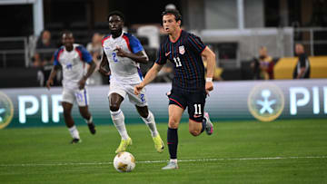 Brenden Aaronson dribbles the ball for the USMNT during its Gold Cup win over Haiti