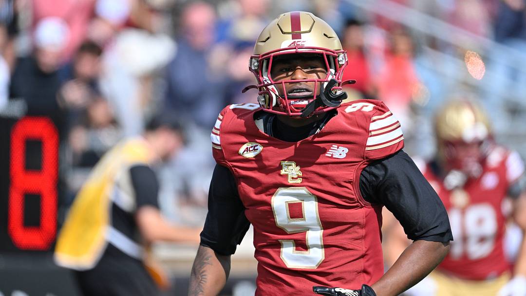 September 19, 2026; Chestnut Hill, Massachusetts, USA; Boston College Eagles wide receiver Landon Wright (9) reacts after scoring a touchdown against the Maine Black Bears during the first half at Alumni Stadium. Mandatory Credit: Eric Canha-Imagn Images