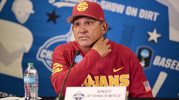 May 31, 2025; Corvallis, OR, USA; USC head coach Andy Stankiewicz takes questions after a game against Saint Mary's at the NC