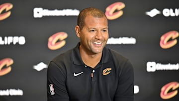 Sep 14, 2022; Cleveland, OH, USA; Cleveland Cavaliers president of basketball operations Koby Altman speaks to the media during an introductory press conference at Rocket Mortgage FieldHouse. Mandatory Credit: David Richard-Imagn Images