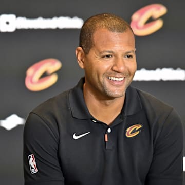 Sep 14, 2022; Cleveland, OH, USA; Cleveland Cavaliers president of basketball operations Koby Altman speaks to the media during an introductory press conference at Rocket Mortgage FieldHouse. Mandatory Credit: David Richard-Imagn Images