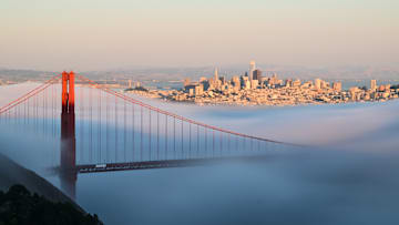 Fog covers San Francisco's Golden Gate Bridge...