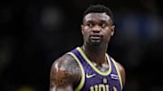 Feb 21, 2025; Dallas, Texas, USA; New Orleans Pelicans forward Zion Williamson (1) looks on during the second quarter against the Dallas Mavericks at the American Airlines Center. Mandatory Credit: Jerome Miron-Imagn Images