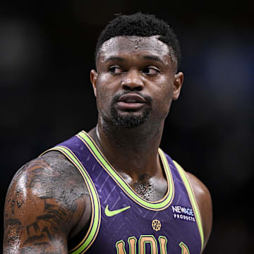 Feb 21, 2025; Dallas, Texas, USA; New Orleans Pelicans forward Zion Williamson (1) looks on during the second quarter against the Dallas Mavericks at the American Airlines Center. Mandatory Credit: Jerome Miron-Imagn Images