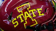 Jul 14, 2022; Arlington, TX, USA; A view of the Iowa State Cyclones helmet logo during the Big 12 Media Day at AT&T Stadium. Mandatory Credit: Jerome Miron-Imagn Images