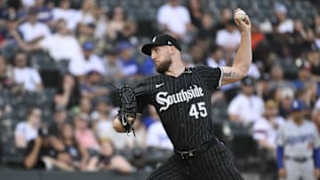 Jun 24, 2024; Chicago, Illinois, USA;  Chicago White Sox pitcher Garrett Crochet (45) delivers against the Los Angeles Dodgers during the first inning at Guaranteed Rate Field.