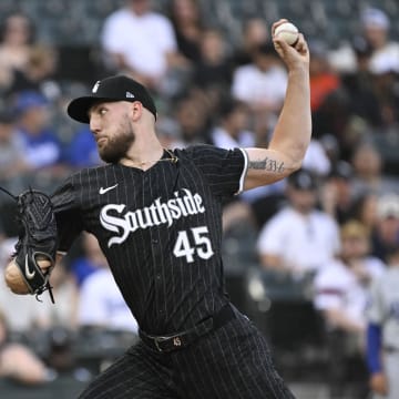 Jun 24, 2024; Chicago, Illinois, USA;  Chicago White Sox pitcher Garrett Crochet (45) delivers against the Los Angeles Dodgers during the first inning at Guaranteed Rate Field.