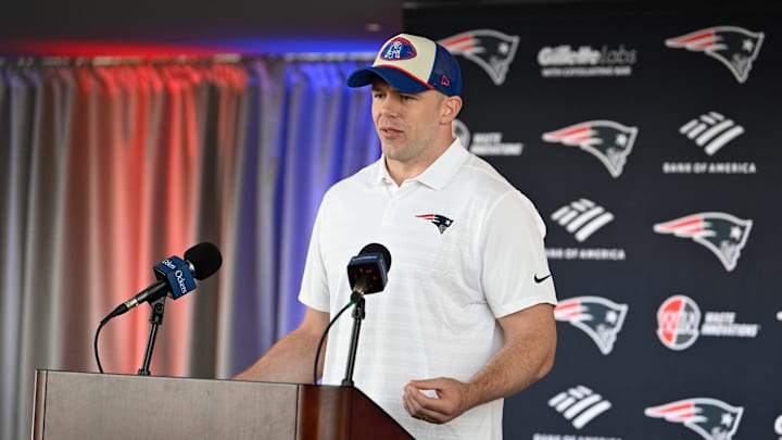 Mar 13, 2025; Foxborough, MA, USA; New England Patriots linebacker Robert Spillane discusses his recent free agent addition to the Patriots with the media at Gillette Stadium. Mandatory Credit: Eric Canha-Imagn Images