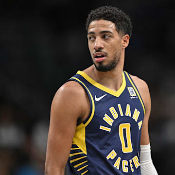 Nov 4, 2024; Dallas, Texas, USA; Indiana Pacers guard Tyrese Haliburton (0) during the game between the Dallas Mavericks and the Indiana Pacers at American Airlines Center. Mandatory Credit: Jerome Miron-Imagn Images