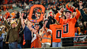 Nov 8, 2025; Corvallis, Oregon, USA; Oregon State Beavers student react to the video board during the third quarter against the Sam Houston Bearkats at Reser Stadium. Mandatory Credit: Craig Strobeck-Imagn Images