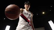 Sep 29, 2025; Portland, OR, USA: Portland Trail Blazers center Yang Hansen (16) during media day at the Moda Center. Mandatory Credit: Troy Wayrynen-Imagn Images