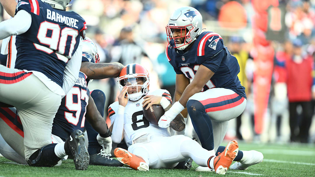 Oct 26, 2025; Foxborough, Massachusetts, USA;  Cleveland Browns quarterback Dillon Gabriel (8) is sacked during the fourth quarter against the New England Patriots at Gillette Stadium. Mandatory Credit: Brian Fluharty-Imagn Images
