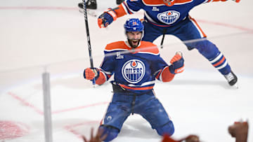 May 12, 2025; Edmonton, Alberta, CAN; Edmonton Oilers centre Adam Henrique (19) celebrates a goal the first period against the Vegas Golden Knights in game three of the second round of the 2025 Stanley Cup Playoffs at Rogers Place. Mandatory Credit: Walter Tychnowicz-Imagn Images