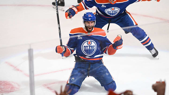 May 12, 2025; Edmonton, Alberta, CAN; Edmonton Oilers centre Adam Henrique (19) celebrates a goal the first period against the Vegas Golden Knights in game three of the second round of the 2025 Stanley Cup Playoffs at Rogers Place. Mandatory Credit: Walter Tychnowicz-Imagn Images