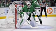 May 13, 2025; Dallas, Texas, USA; Dallas Stars goaltender Jake Oettinger (29) faces the Winnipeg Jets attack during the first period in game four of the second round of the 2025 Stanley Cup Playoffs at American Airlines Center. Mandatory Credit: Jerome Miron-Imagn Images