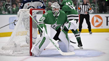 May 13, 2025; Dallas, Texas, USA; Dallas Stars goaltender Jake Oettinger (29) faces the Winnipeg Jets attack during the first period in game four of the second round of the 2025 Stanley Cup Playoffs at American Airlines Center. Mandatory Credit: Jerome Miron-Imagn Images