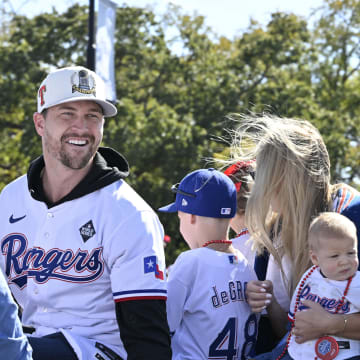 Nov 3, 2023; Arlington, TX, USA; Texas Rangers starting pitcher Jacob deGrom (48) during the World Series championship parade at Globe Life Field.