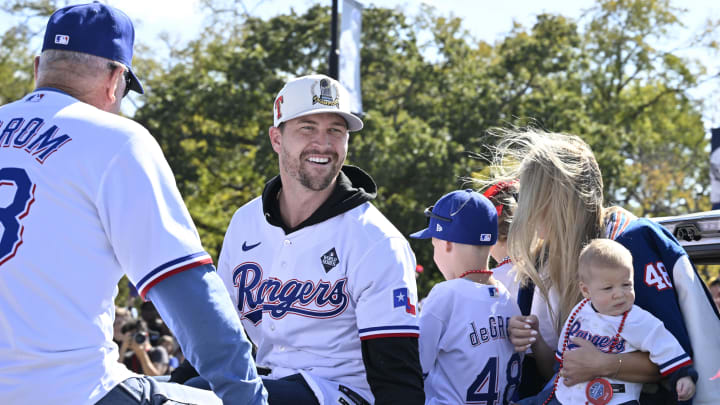 Nov 3, 2023; Arlington, TX, USA; Texas Rangers starting pitcher Jacob deGrom (48) during the World Series championship parade at Globe Life Field.