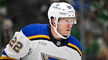 Dec 14, 2024; Dallas, Texas, USA; St. Louis Blues defenseman Ryan Suter (22) waits for the face-off against the Dallas Stars during the second period at American Airlines Center. Mandatory Credit: Jerome Miron-Imagn Images