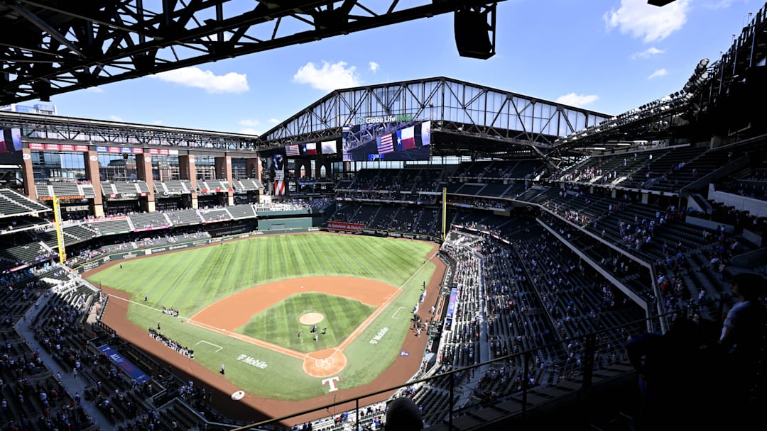 Sep 25, 2025; Arlington, Texas, USA; A view of the open roof during the first inning between the Texas Rangers and the Minnesota Twins at Globe Life Field. Sep 25, 2025; Arlington, Texas, USA; A view of the open roof during the first inning between the Texas Rangers and the Minnesota Twins at Globe Life Field.