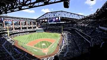 Sep 25, 2025; Arlington, Texas, USA; A view of the open roof during the first inning between the Texas Rangers and the Minnesota Twins at Globe Life Field.