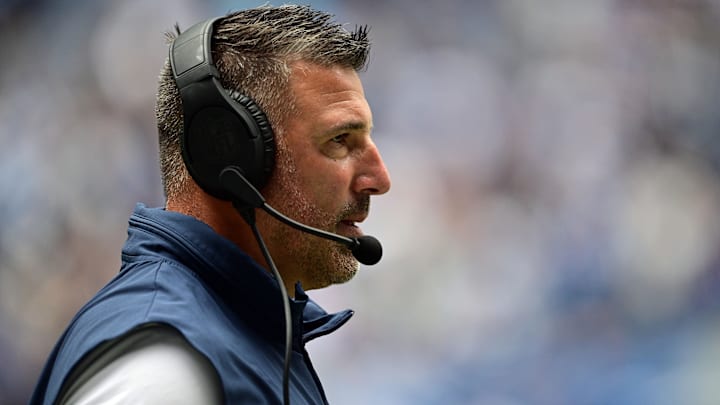 Oct 8, 2023; Indianapolis, Indiana, USA; Tennessee Titans head coach Mike Vrabel stands on the sidelines during the first quarter against the Indianapolis Colts at Lucas Oil Stadium. Mandatory Credit: Marc Lebryk-Imagn Images