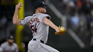 Aug 5, 2024; Arlington, Texas, USA; Houston Astros relief pitcher Caleb Ferguson (64) pitches against the Texas Rangers during the tenth inning at Globe Life Field. Mandatory Credit: Jerome Miron-USA TODAY Sports