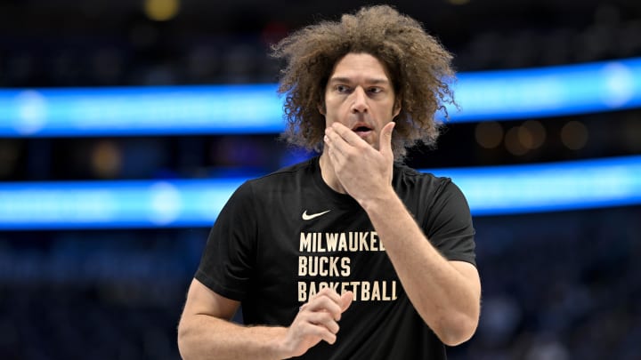 Milwaukee Bucks center Robin Lopez (42) warms up before the game between the Dallas Mavericks and the Milwaukee Bucks at the American Airlines Center. 